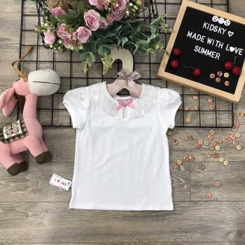 Áo thun cotton cổ ren nơ bé gái 